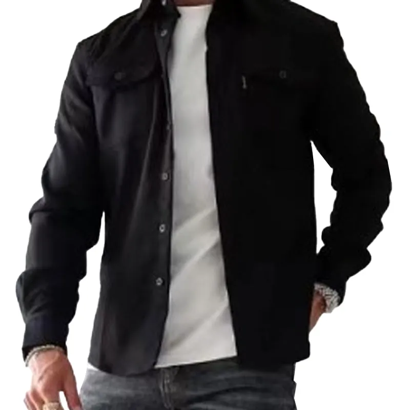 Men's Casual Brushed Solid Color Lapel Shirt Jacket 92445573X