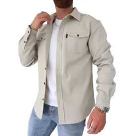 Men's Casual Brushed Solid Color Lapel Shirt Jacket 92445573X