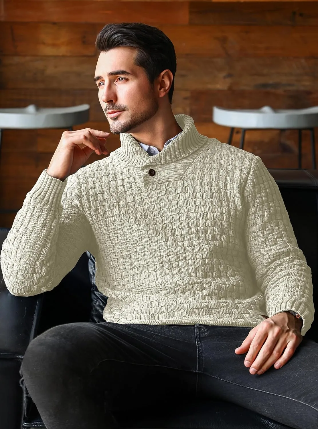 Mens Crewneck Long Sleeve Textured Ribbed Edge Pullover Sweaters Knitted Sweater Tops