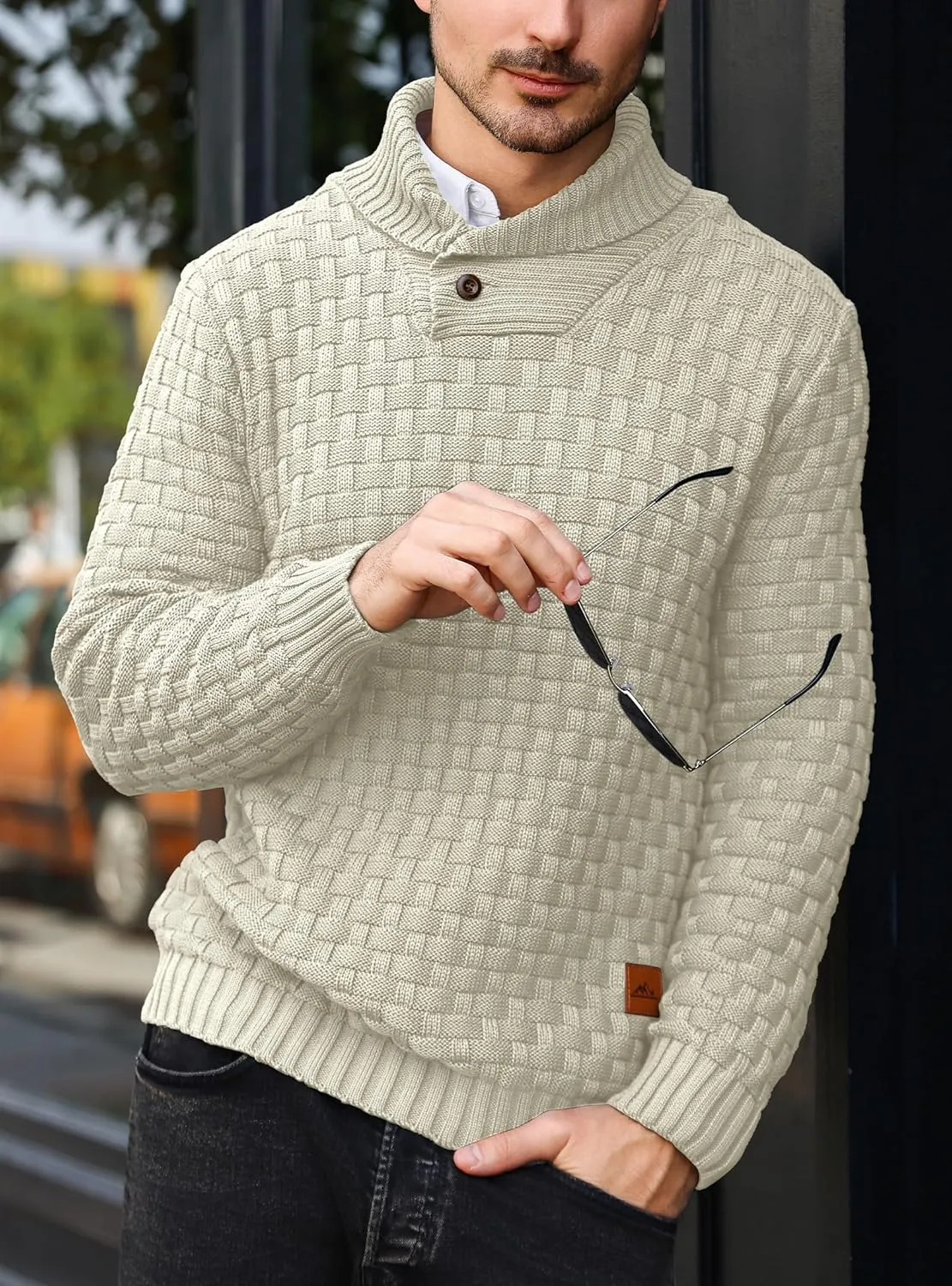 Mens Crewneck Long Sleeve Textured Ribbed Edge Pullover Sweaters Knitted Sweater Tops