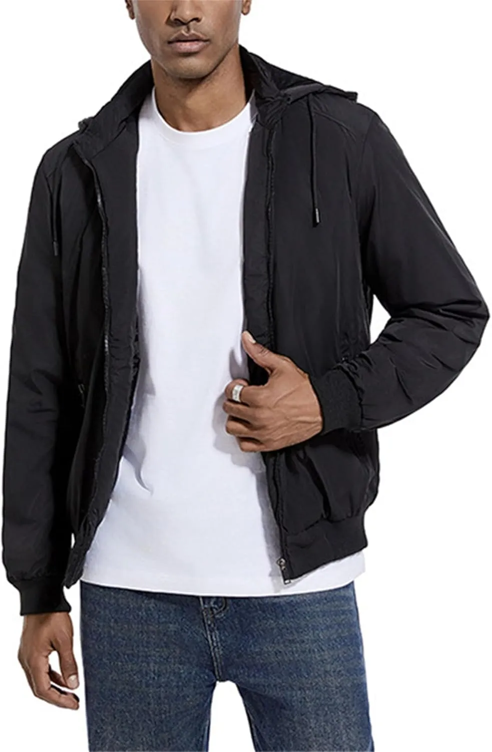Men's Fashion Bomber Jacket Lightweight Track Windbreaker Hooded Spring Fall Windproof Coat