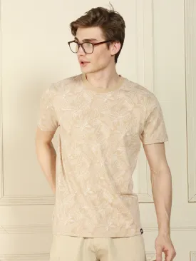 Men's Off-White Round Neck Printed Cotton T-Shirt