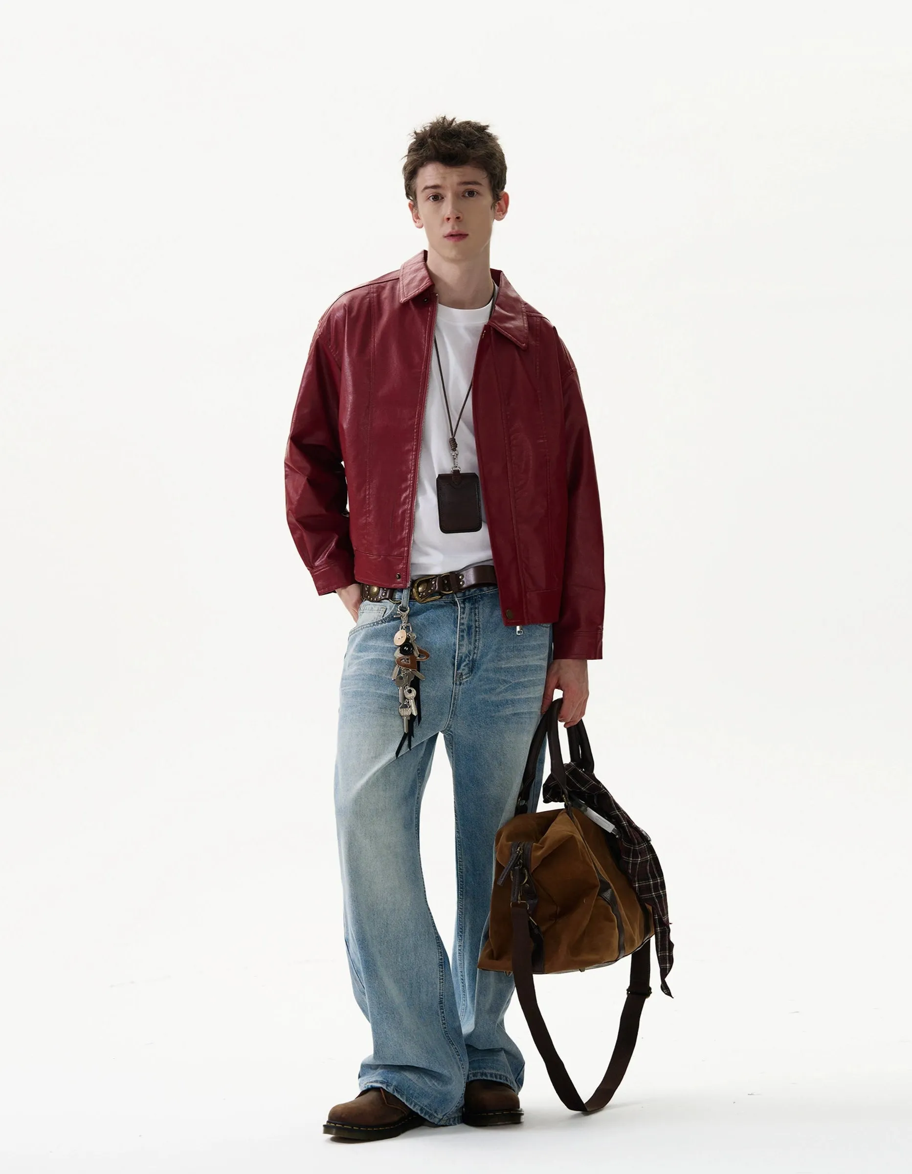 Mid-Crop Faux Leather Collared Bomber Jacket