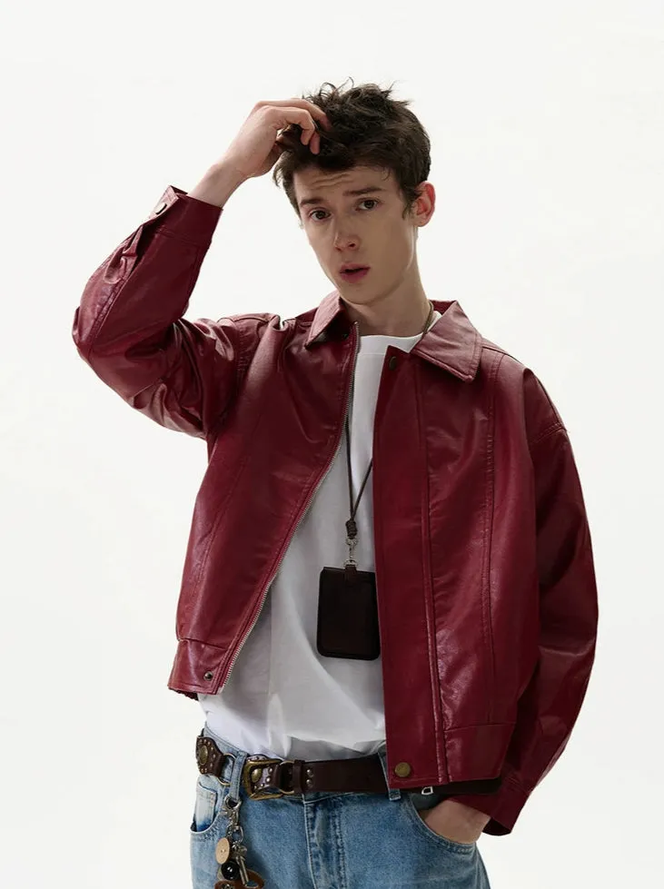 Mid-Crop Faux Leather Collared Bomber Jacket