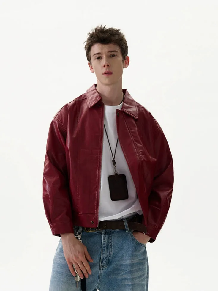 Mid-Crop Faux Leather Collared Bomber Jacket