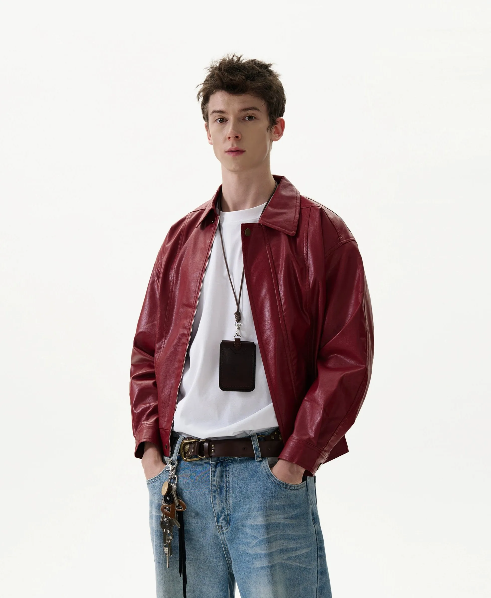 Mid-Crop Faux Leather Collared Bomber Jacket