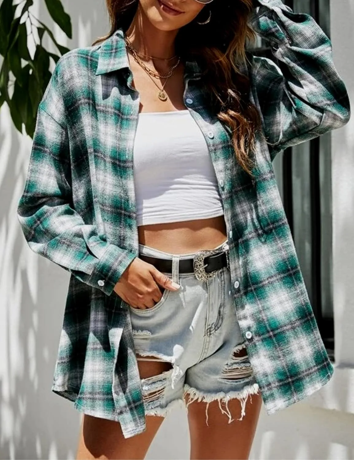 Mingzhu Womens Casual Flannel Plaid Shirts Button Down Long Sleeve Shirts Oversized Buffalo Blouse Tops