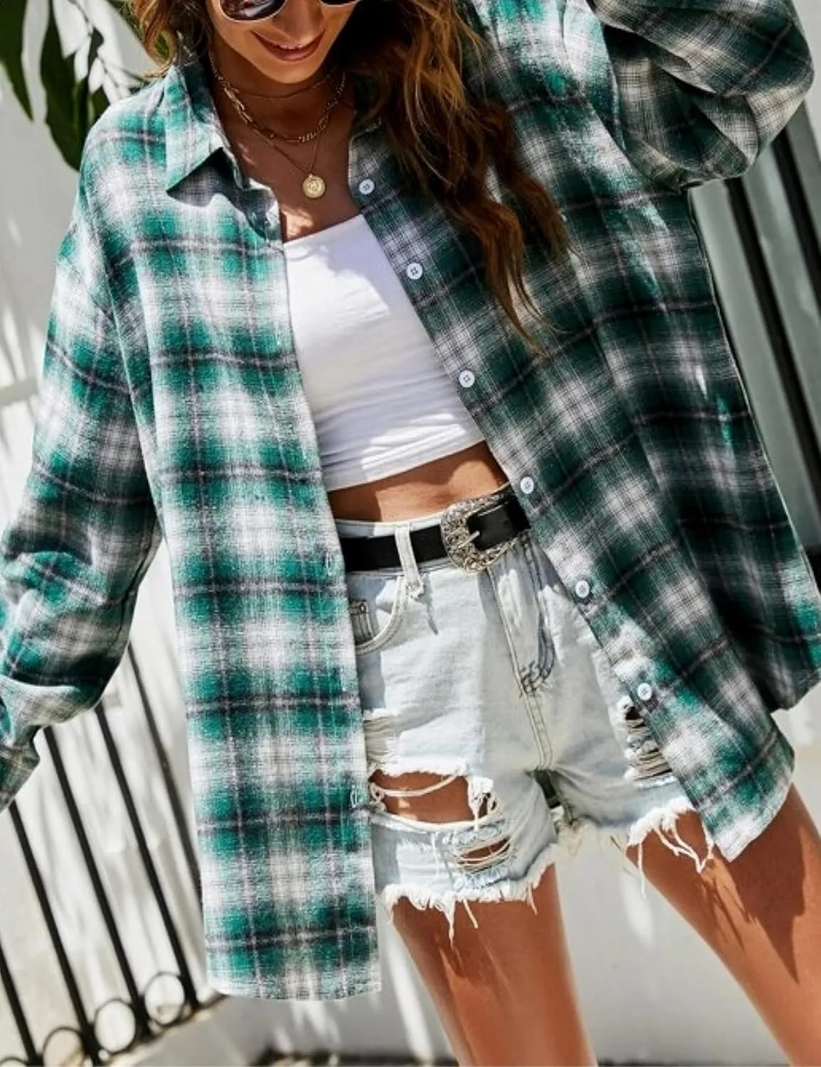 Mingzhu Womens Casual Flannel Plaid Shirts Button Down Long Sleeve Shirts Oversized Buffalo Blouse Tops