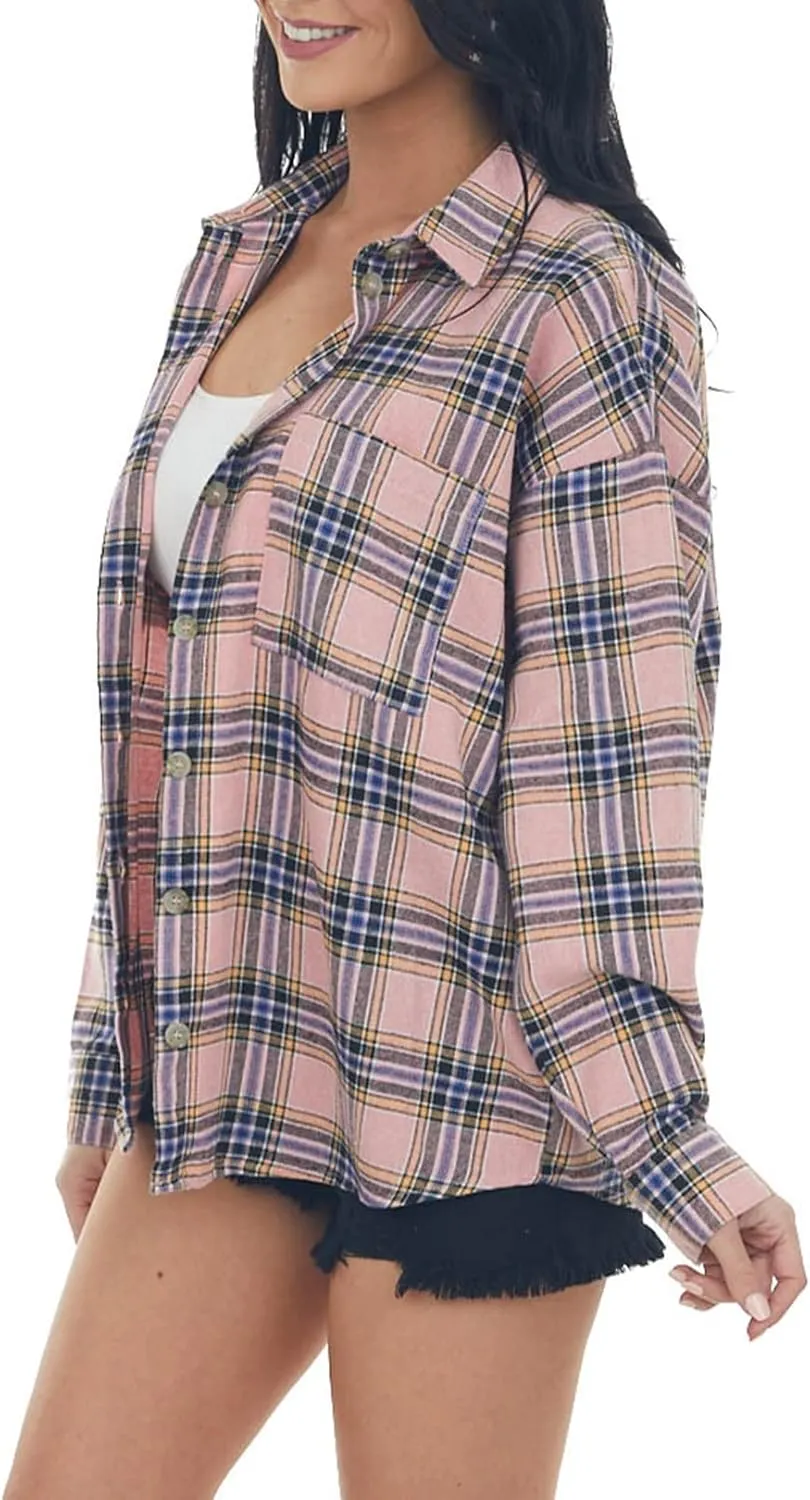 NUOREEL Womens Plaid Shirts Button Down Flannel Shirts Boyfriend Long Sleeve Shirts