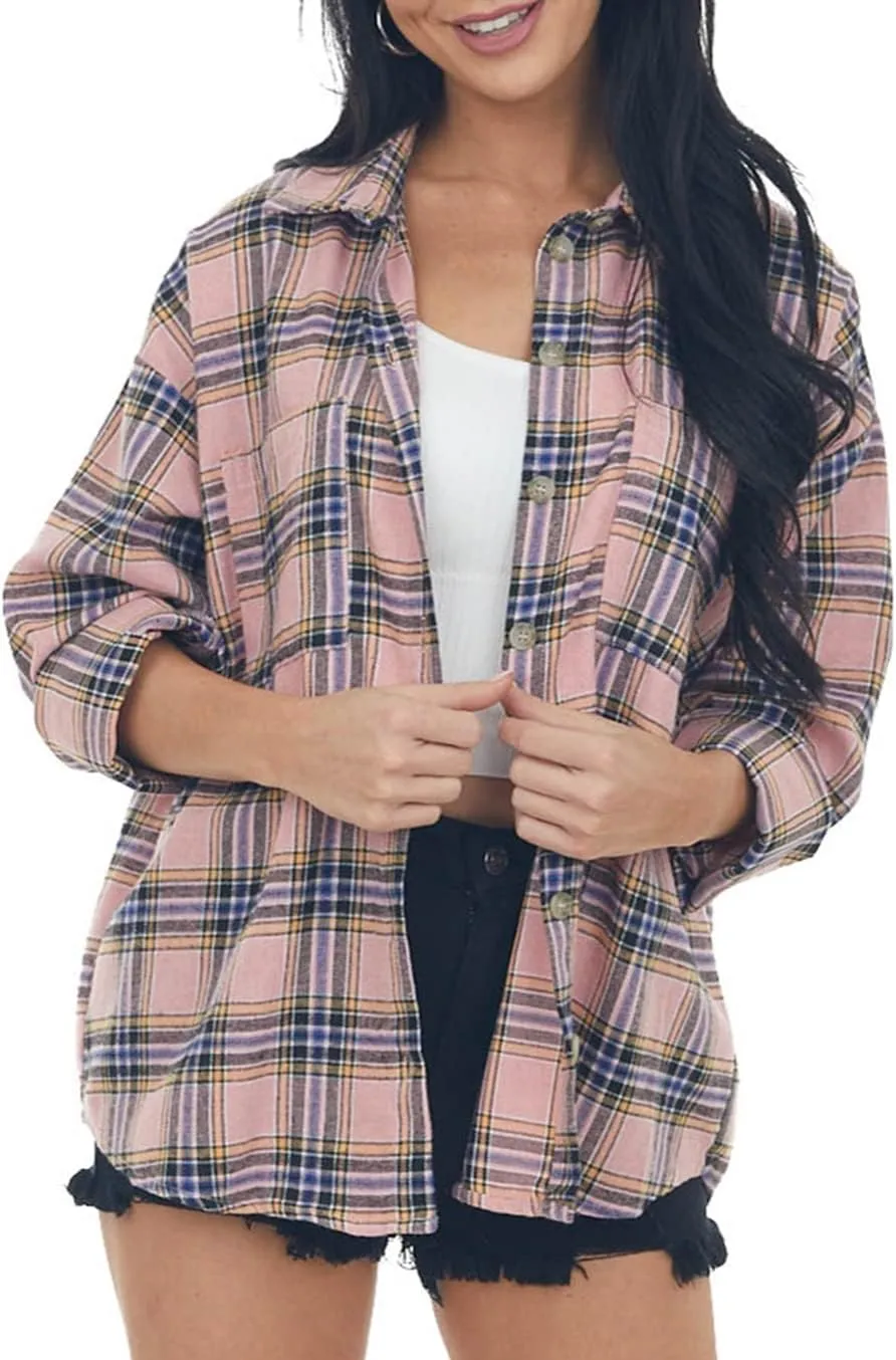 NUOREEL Womens Plaid Shirts Button Down Flannel Shirts Boyfriend Long Sleeve Shirts