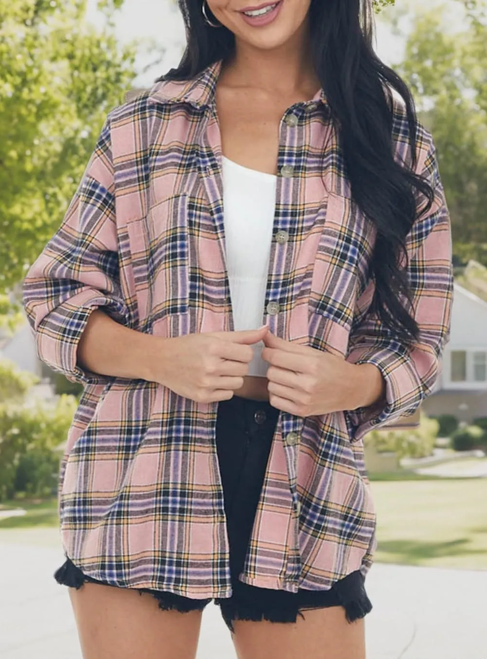 NUOREEL Womens Plaid Shirts Button Down Flannel Shirts Boyfriend Long Sleeve Shirts