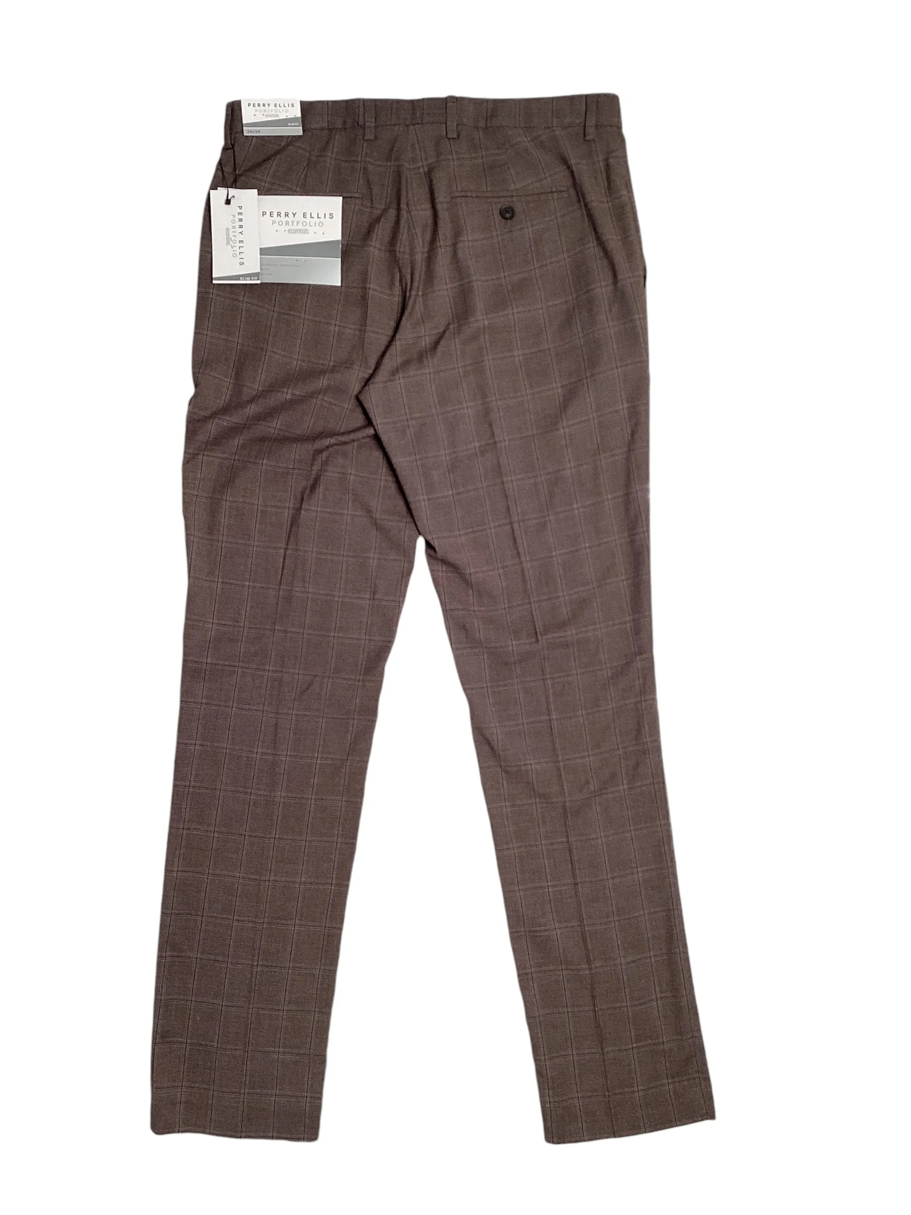 Perry Ellis Portfolio Mens Slim Fit Solid Flat Front Pants Brown 34 x 32