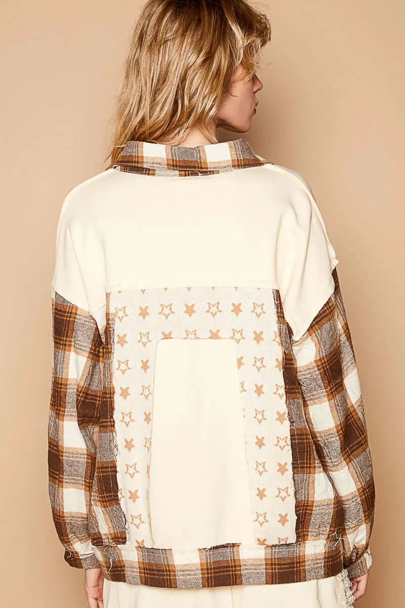 Plaid & Star Patchwork Contrast Shacket