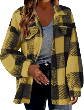 Plaid Jacket For Woman Oversized Fuzzy Sherpa Fleece Lined Flannel Shirt Jackets Casual Long Sleeve Button Down Shacket