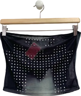 Pretty Little Thing Black Printed Mesh Diamante Hot Fix Bandeau Crop Top UK 10