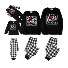"2024 FAMILY CHRISTMAS" Text and Sleigh Pattern - Black Long Sleeve Top with Black And White Plaid Pants Family Matching Pajamas