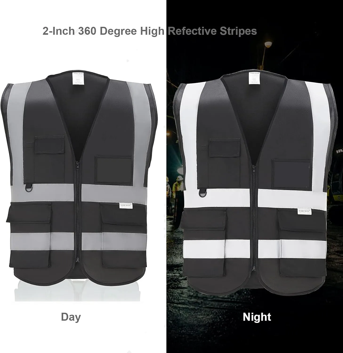 Reflective Safety Vest with Pockets High Visibility Sliver Strip for Men and Women (Black, X-Large)