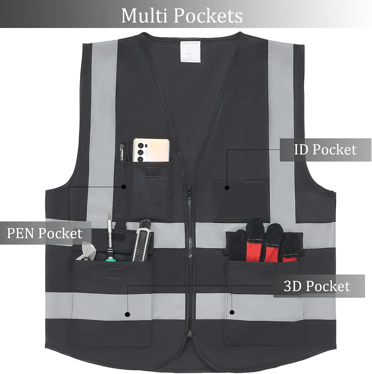 Reflective Safety Vest with Pockets High Visibility Sliver Strip for Men and Women (Black, X-Large)