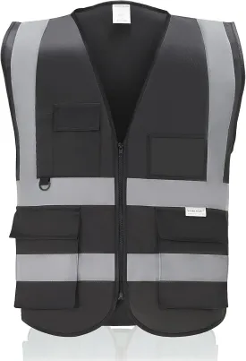 Reflective Safety Vest with Pockets High Visibility Sliver Strip for Men and Women (Black, X-Large)