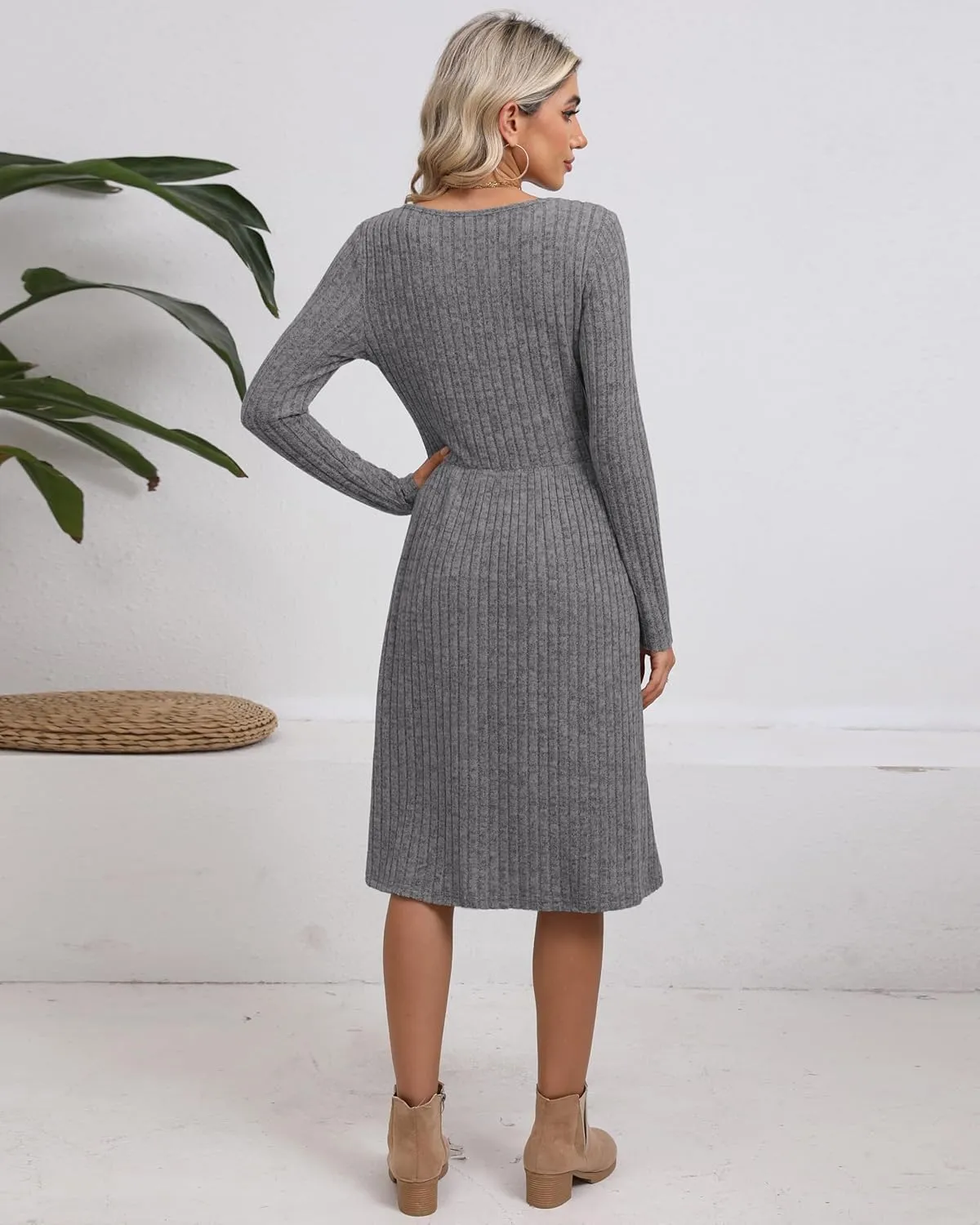 Riyiper 2 Pack Women's Long Sleeve Sweater Dress Ribbed Pleated Casual Round Neck Knee Length Dress with Pocket