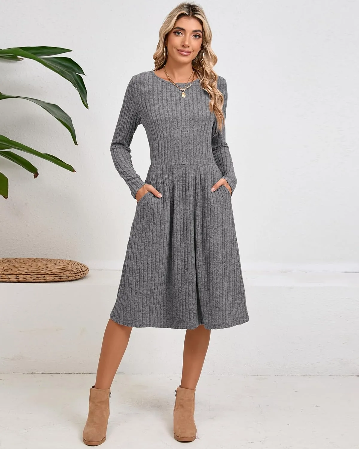 Riyiper 2 Pack Women's Long Sleeve Sweater Dress Ribbed Pleated Casual Round Neck Knee Length Dress with Pocket