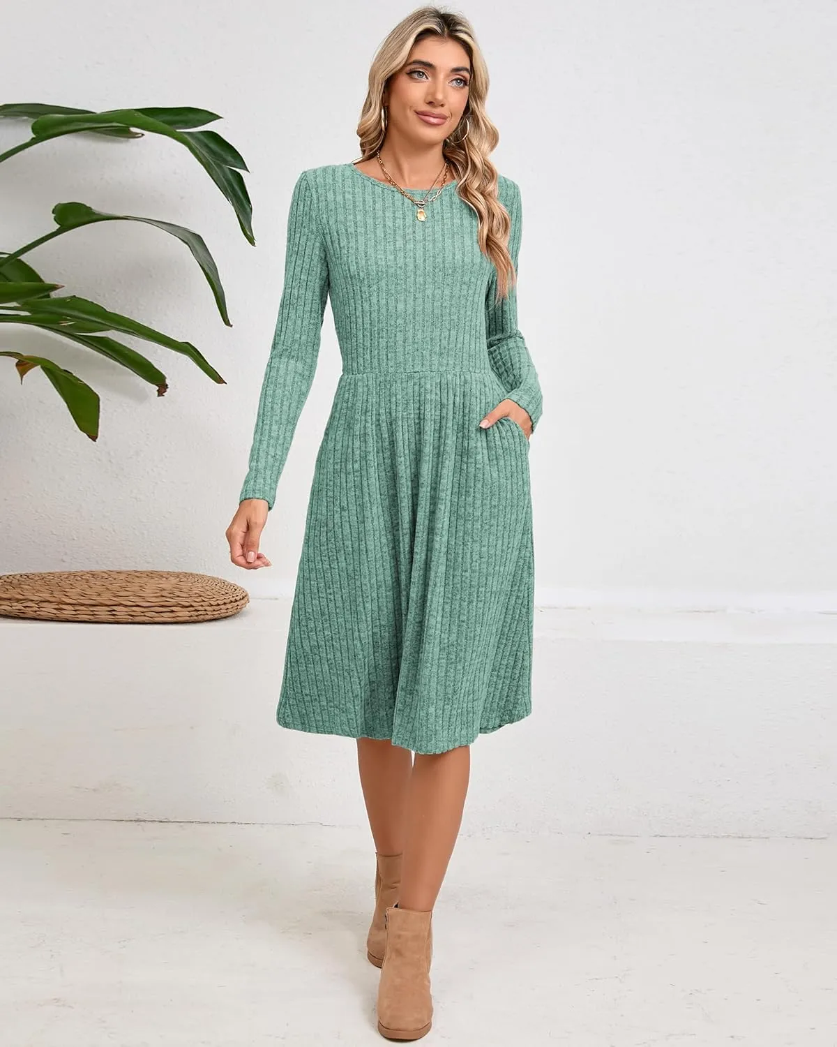 Riyiper 2 Pack Women's Long Sleeve Sweater Dress Ribbed Pleated Casual Round Neck Knee Length Dress with Pocket