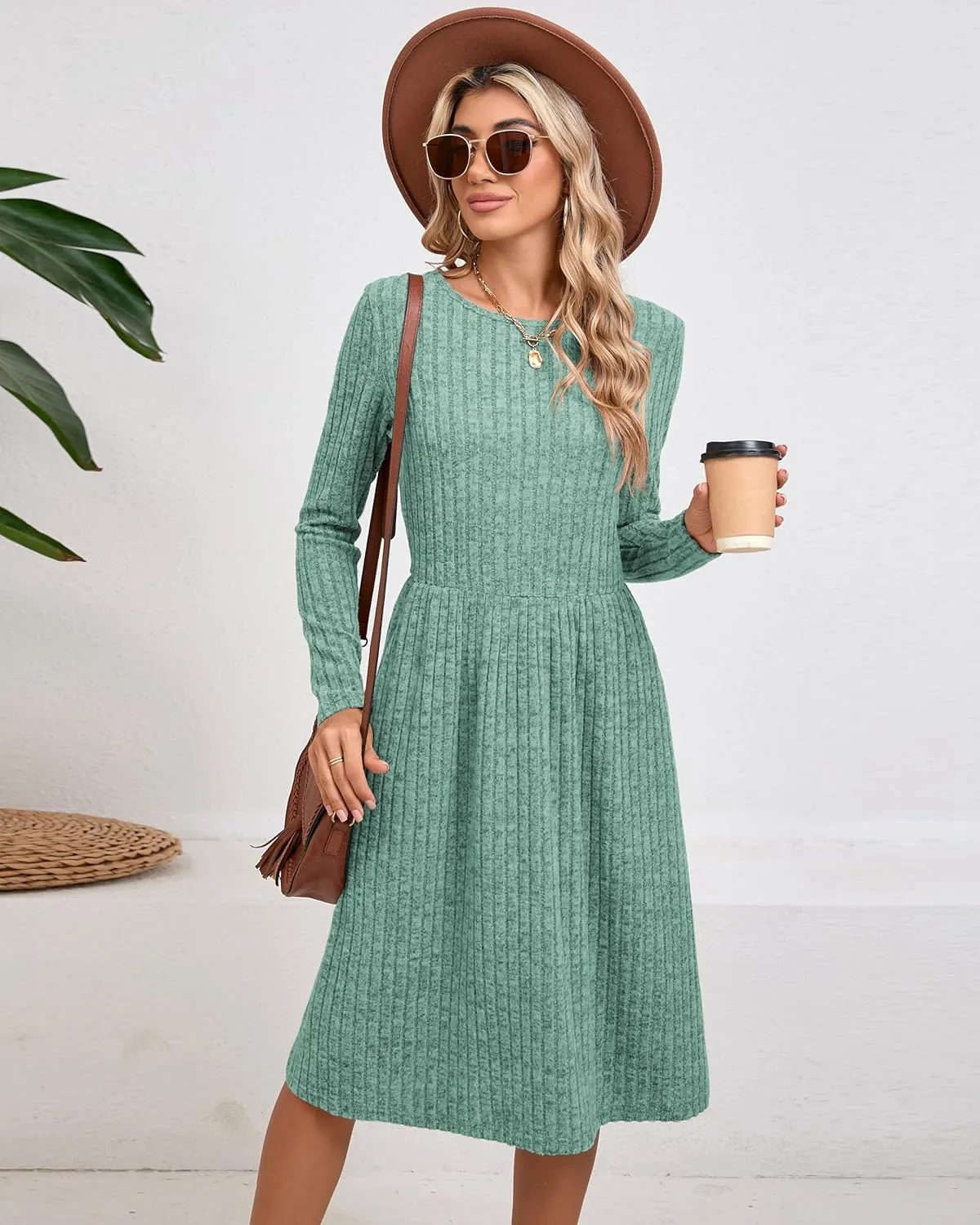 Riyiper 2 Pack Women's Long Sleeve Sweater Dress Ribbed Pleated Casual Round Neck Knee Length Dress with Pocket