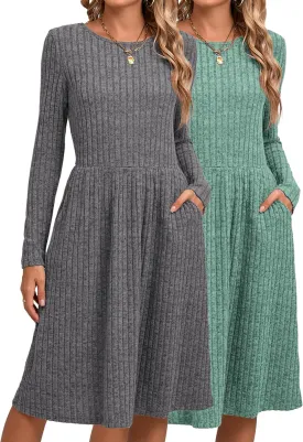 Riyiper 2 Pack Women's Long Sleeve Sweater Dress Ribbed Pleated Casual Round Neck Knee Length Dress with Pocket