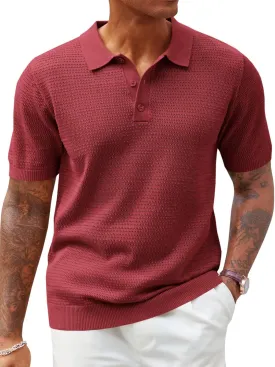 Runcati Mens Knit Polo Shirts Short Sleeve Casual Hollow Out Shirt Texture Classic Golf Polo