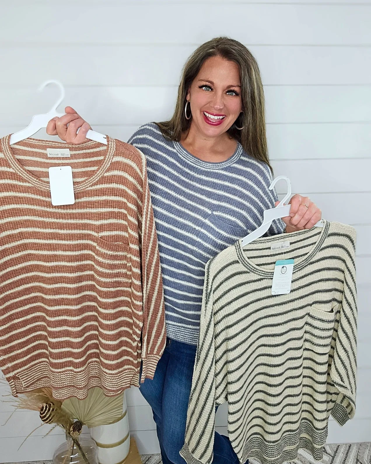 SLATE BLUE STRIPED POCKET LIGHT WEIGHT SWEATER
