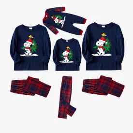 Snoopy Dog Printed Blue and Red Plaid Christmas Family Pajama Set