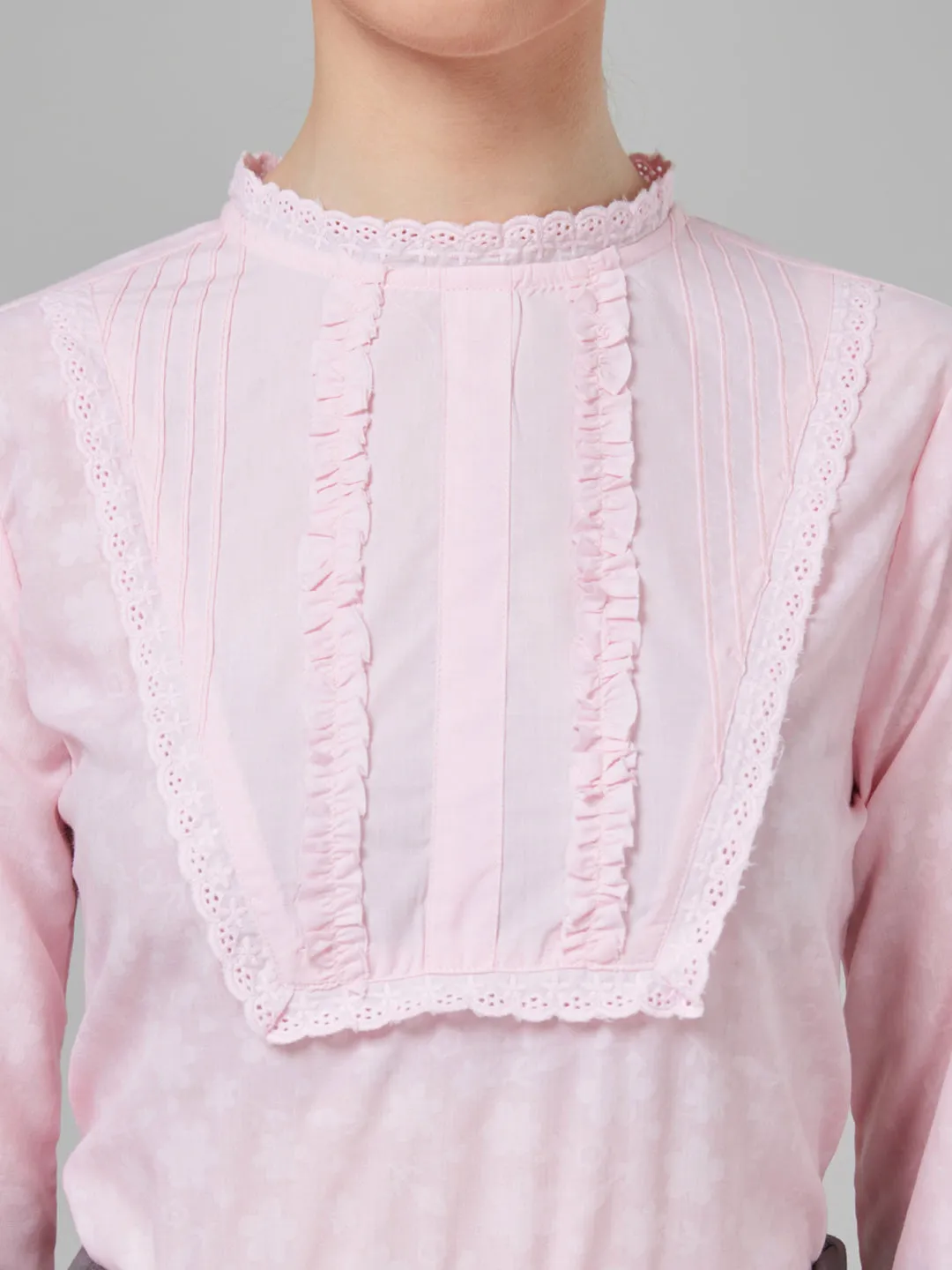 Style Quotient Women Self Design Floral Powder Pink Cotton Regular Smart Casual Top