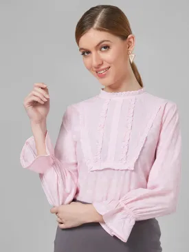 Style Quotient Women Self Design Floral Powder Pink Cotton Regular Smart Casual Top