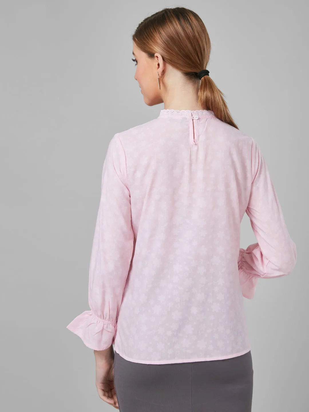 Style Quotient Women Self Design Floral Powder Pink Cotton Regular Smart Casual Top