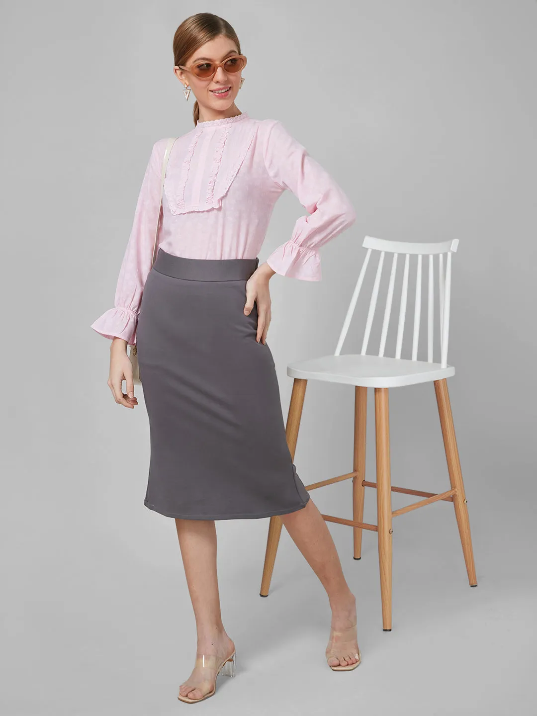 Style Quotient Women Self Design Floral Powder Pink Cotton Regular Smart Casual Top