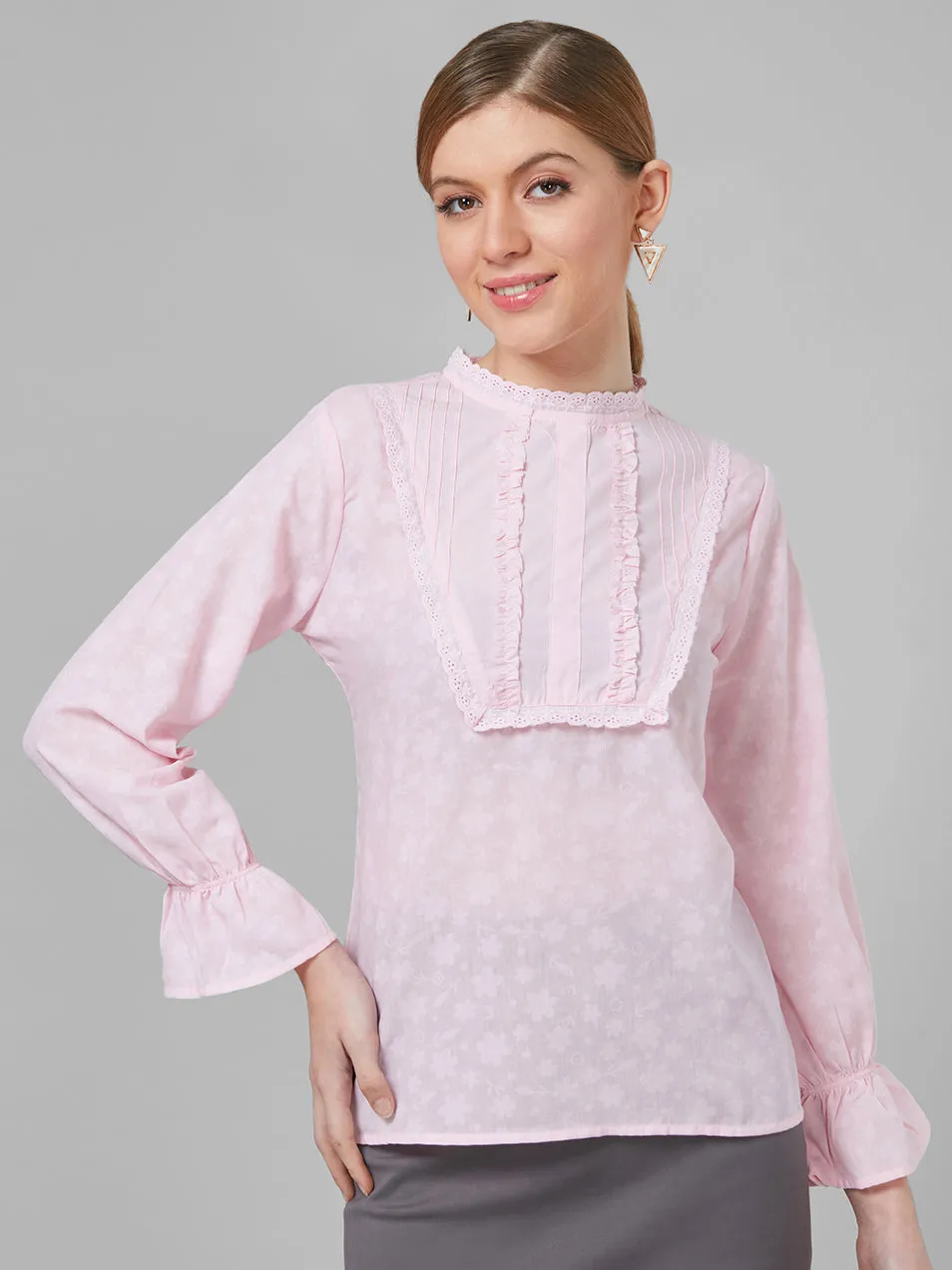 Style Quotient Women Self Design Floral Powder Pink Cotton Regular Smart Casual Top