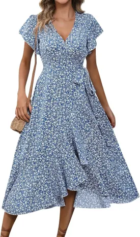 Summer Floral Dresses for Women 2025 Midi Wrap Dress V Neck Flutter Short Sleeve Ruffle Hem Tie Waist Beach Dresses