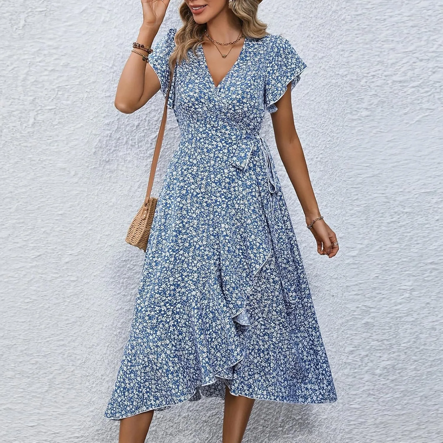 Summer Floral Dresses for Women 2025 Midi Wrap Dress V Neck Flutter Short Sleeve Ruffle Hem Tie Waist Beach Dresses
