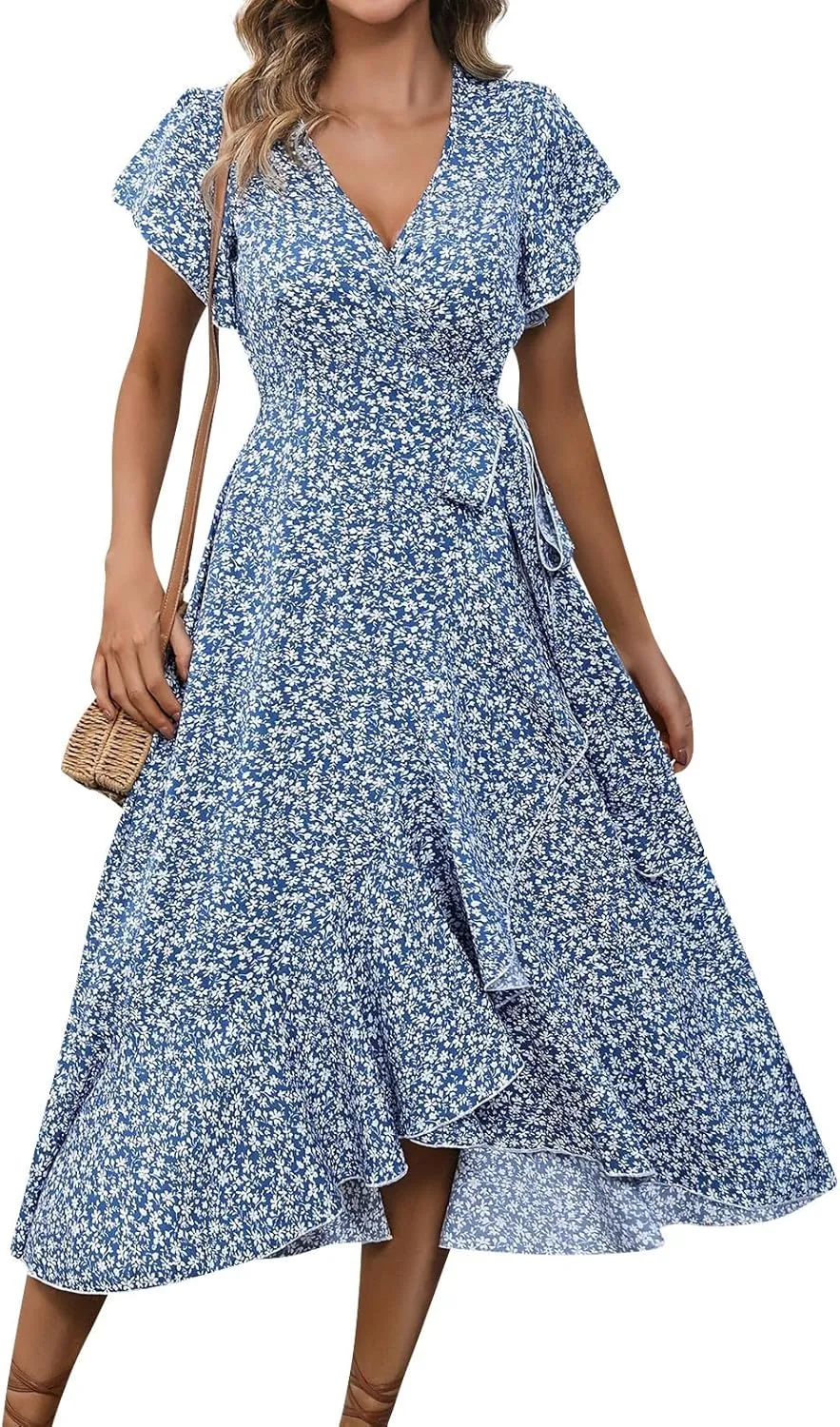 Summer Floral Dresses for Women 2025 Midi Wrap Dress V Neck Flutter Short Sleeve Ruffle Hem Tie Waist Beach Dresses