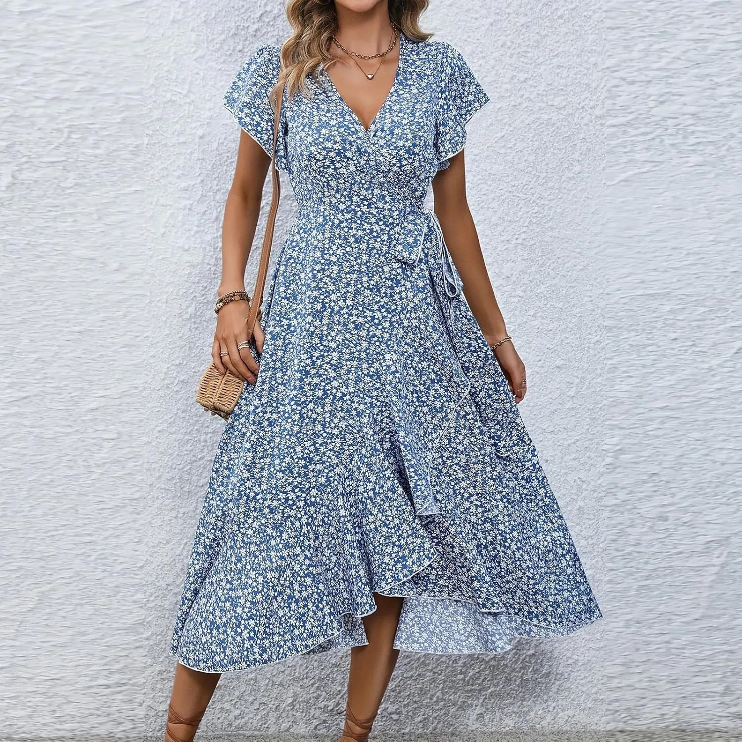 Summer Floral Dresses for Women 2025 Midi Wrap Dress V Neck Flutter Short Sleeve Ruffle Hem Tie Waist Beach Dresses