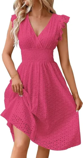 Vacation Dresses for Women 2025 Ruffle Sleeve V Neck Eyelet Lace Embroidery Midi Dress Smocked Empire Waist A Line Dress