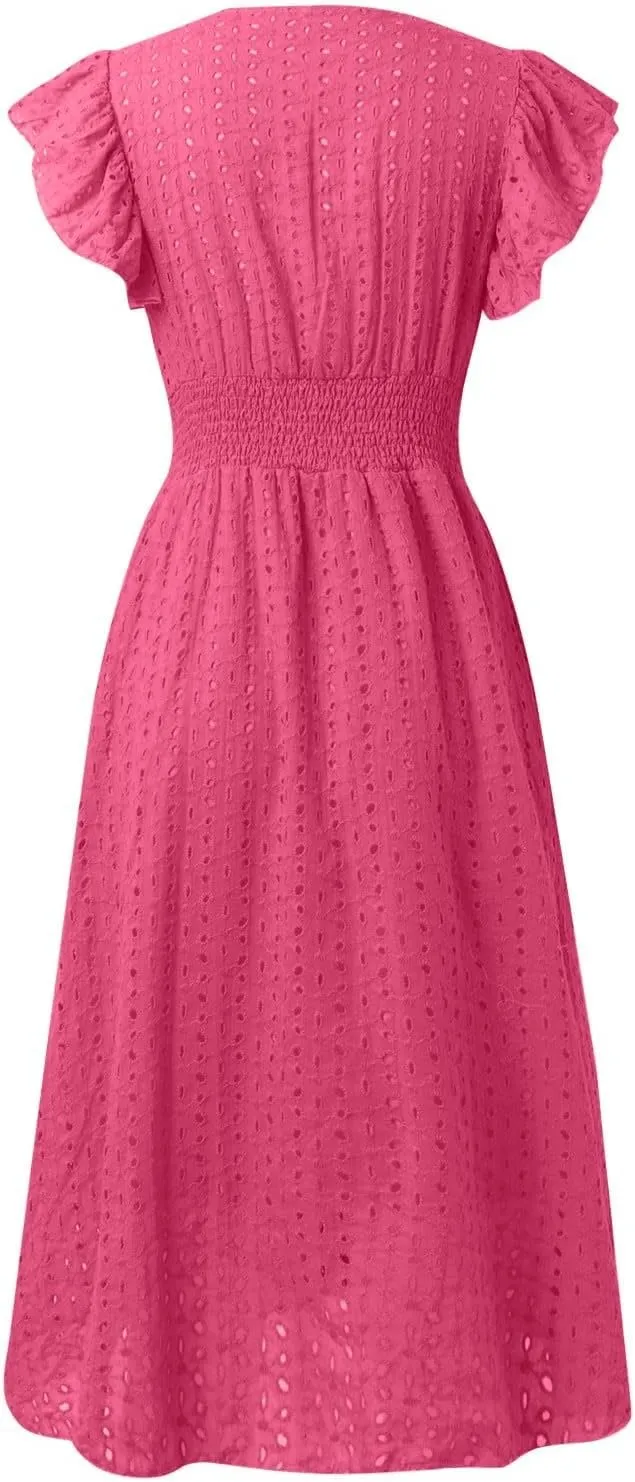 Vacation Dresses for Women 2025 Ruffle Sleeve V Neck Eyelet Lace Embroidery Midi Dress Smocked Empire Waist A Line Dress