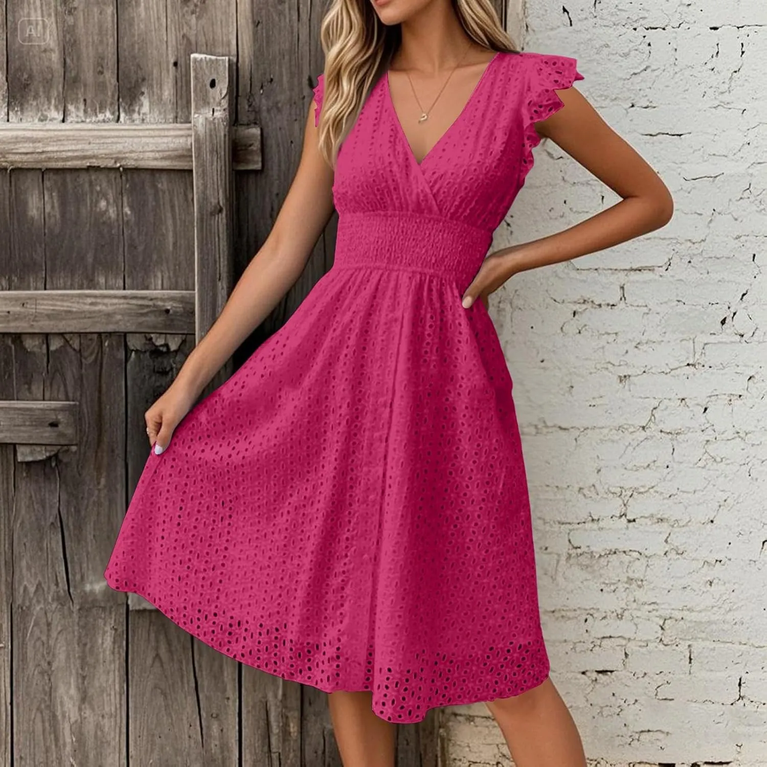 Vacation Dresses for Women 2025 Ruffle Sleeve V Neck Eyelet Lace Embroidery Midi Dress Smocked Empire Waist A Line Dress