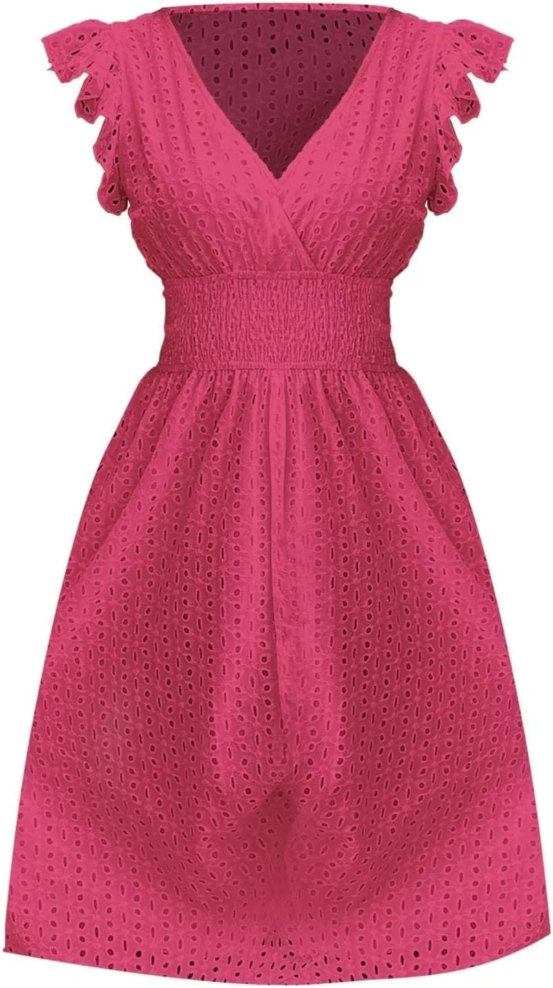 Vacation Dresses for Women 2025 Ruffle Sleeve V Neck Eyelet Lace Embroidery Midi Dress Smocked Empire Waist A Line Dress