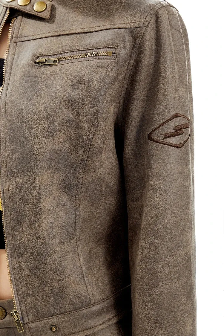 Vintage Faded Faux Leather Short Zip Racer Jacket