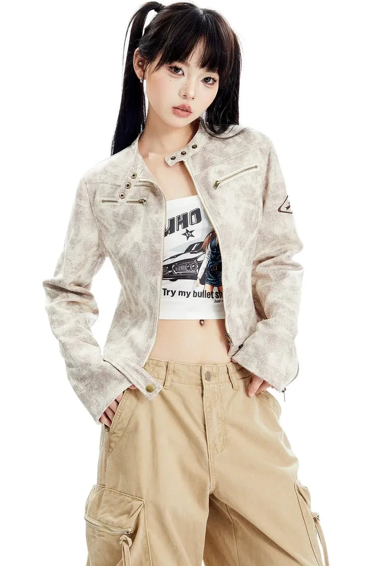 Vintage Faded Faux Leather Short Zip Racer Jacket