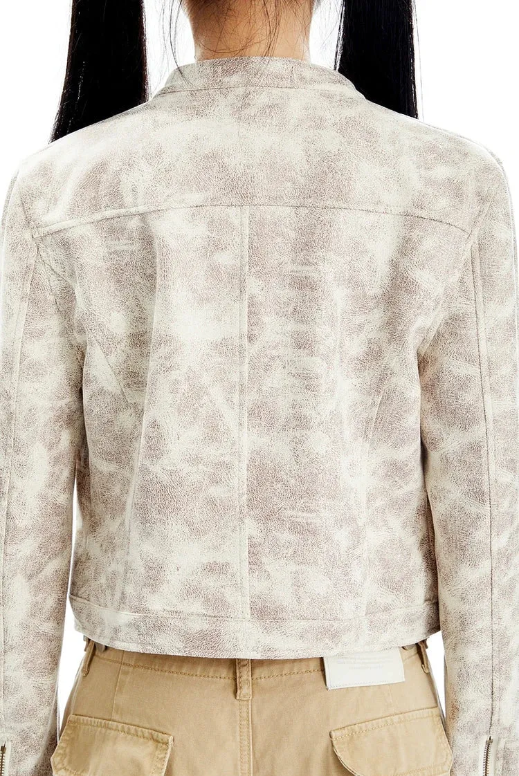 Vintage Faded Faux Leather Short Zip Racer Jacket