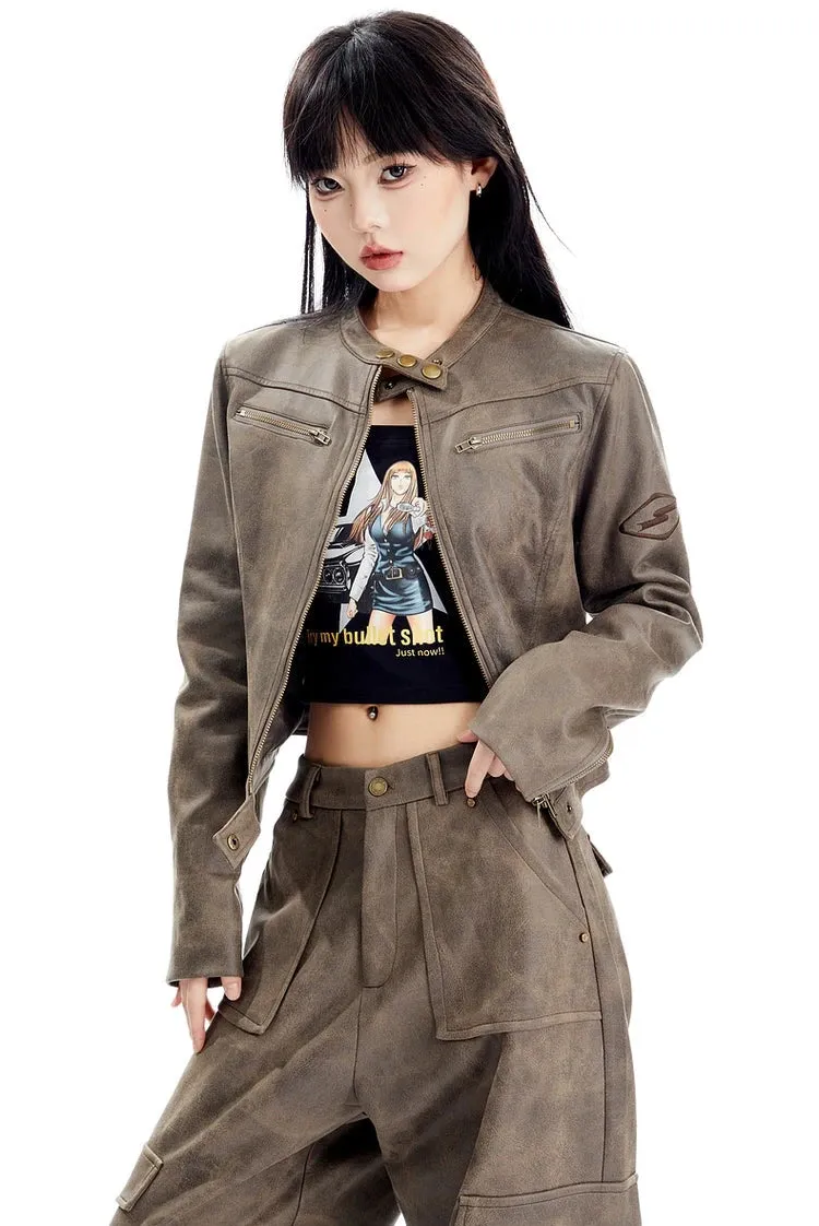 Vintage Faded Faux Leather Short Zip Racer Jacket