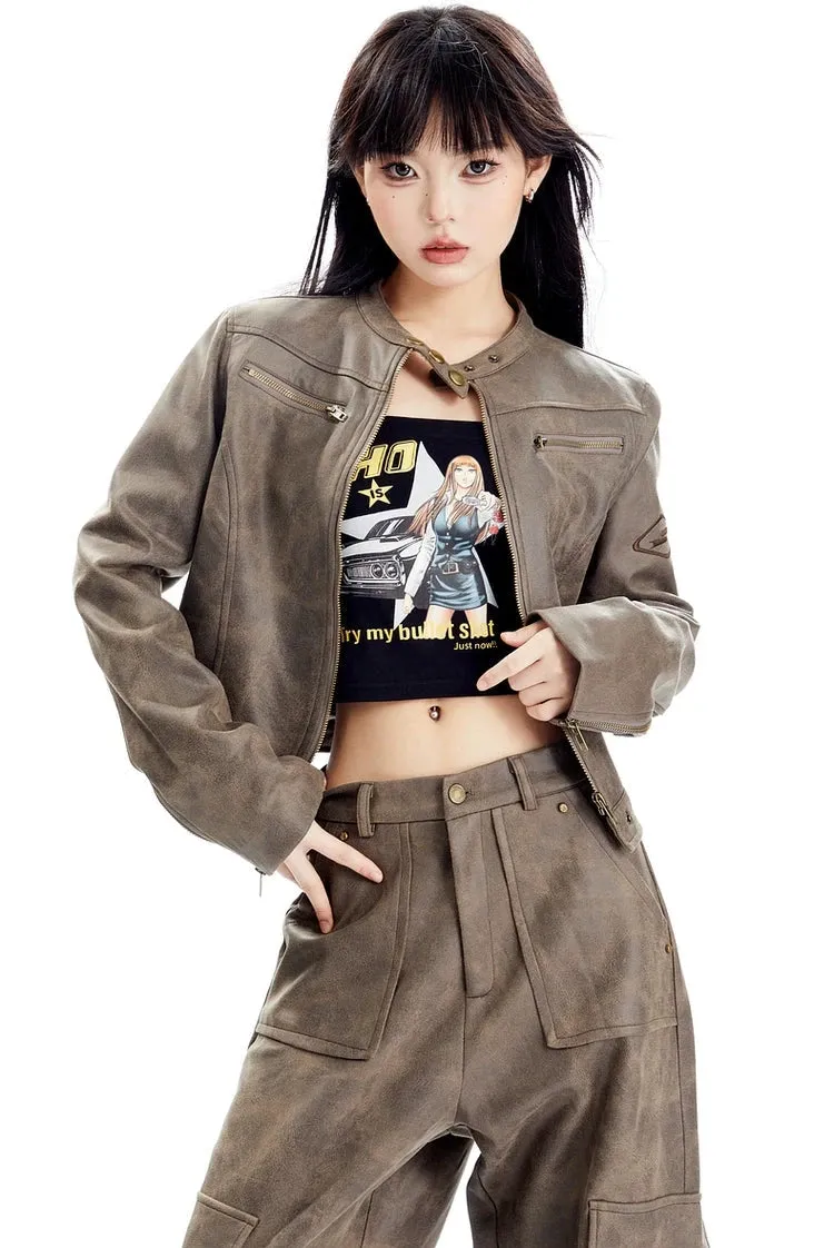 Vintage Faded Faux Leather Short Zip Racer Jacket