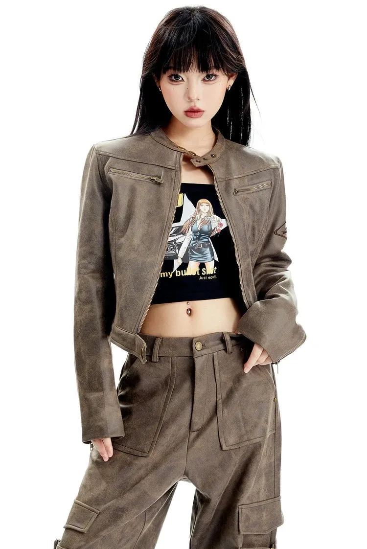 Vintage Faded Faux Leather Short Zip Racer Jacket